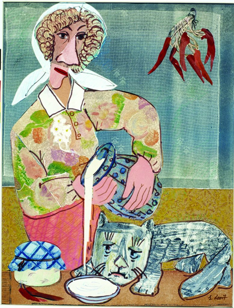 Cat in willage, 100X70, oil on paper, collage, 1988