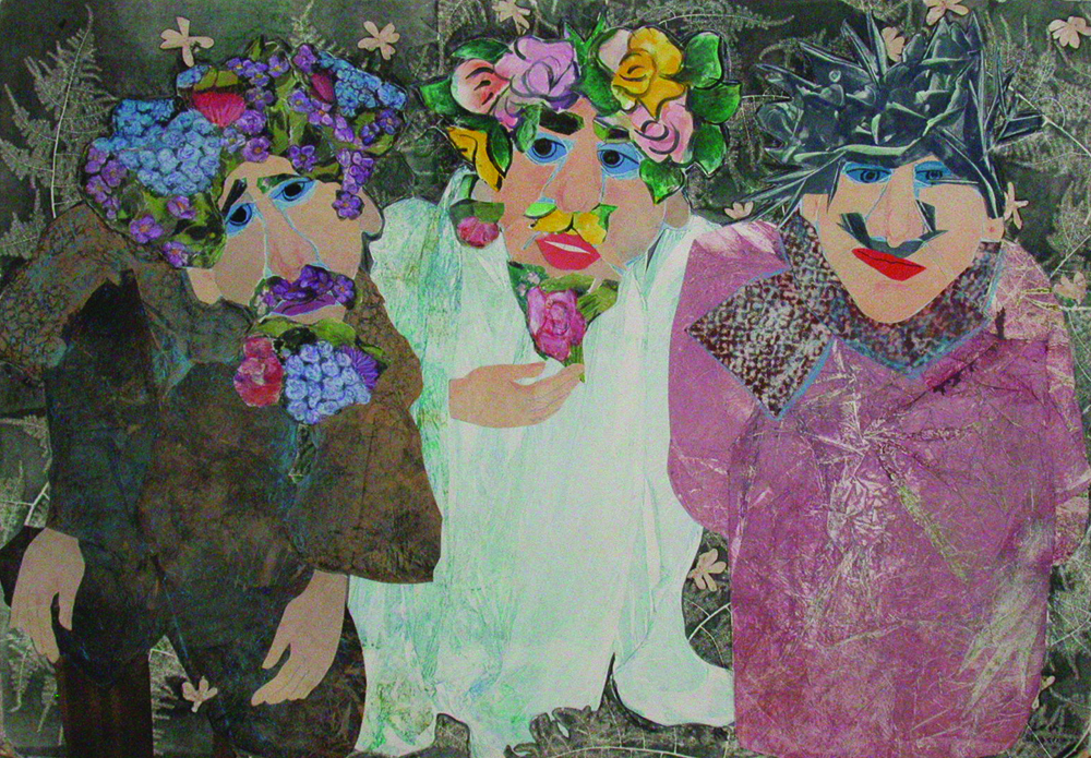 Flowers on heads, 70X100, oil on paper, collage