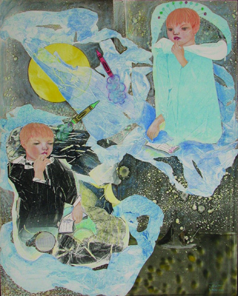Kids on the sky, 100X70, oil on paper, collage, 1988