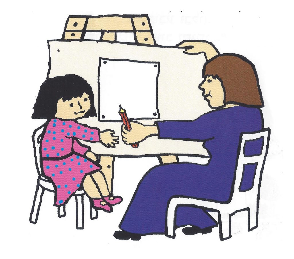 woman show a girl how to draw a little elf